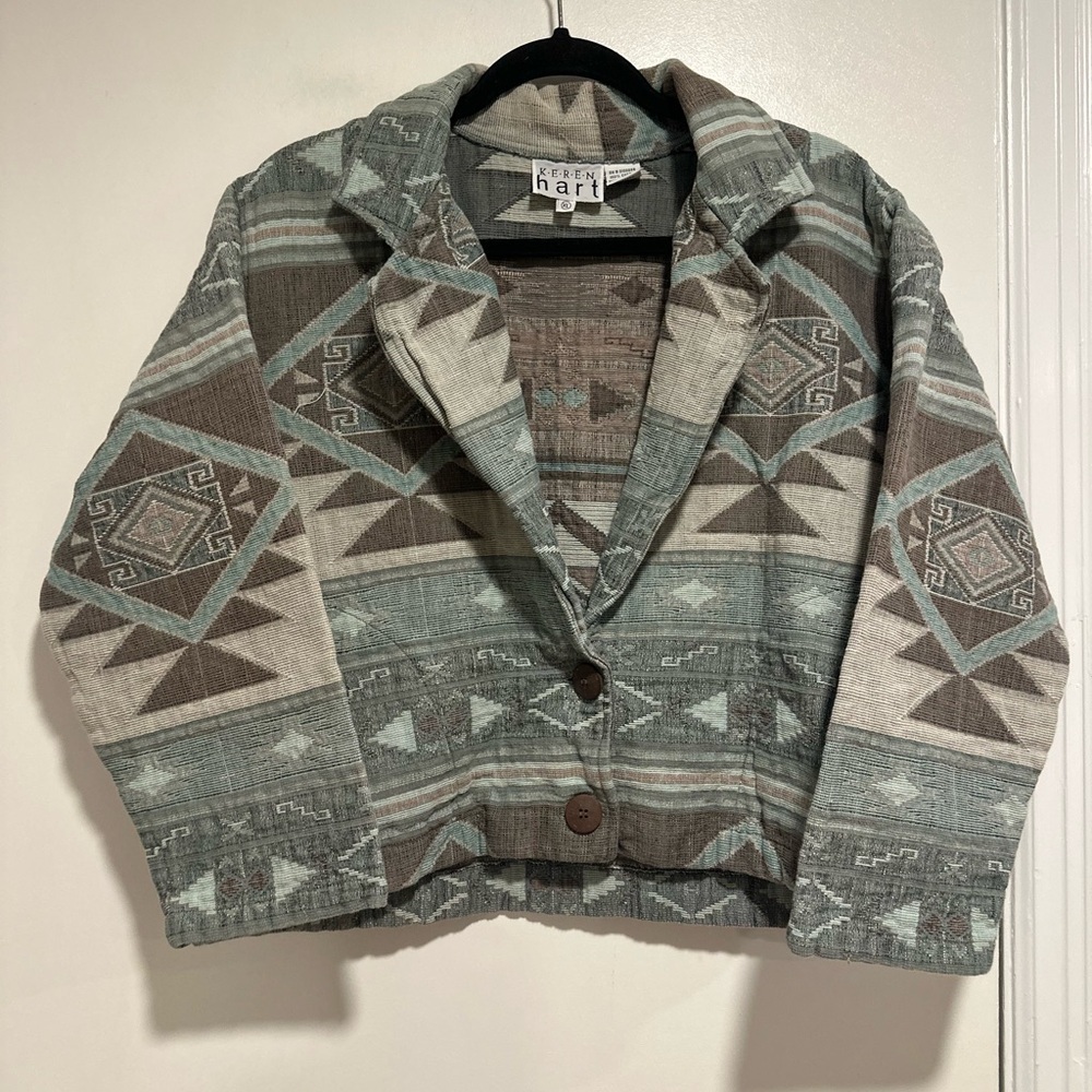 VTG 80s Keren Hart SzXL Dusty Blue Gray Cropped tribal Aztec Blazer Jacket